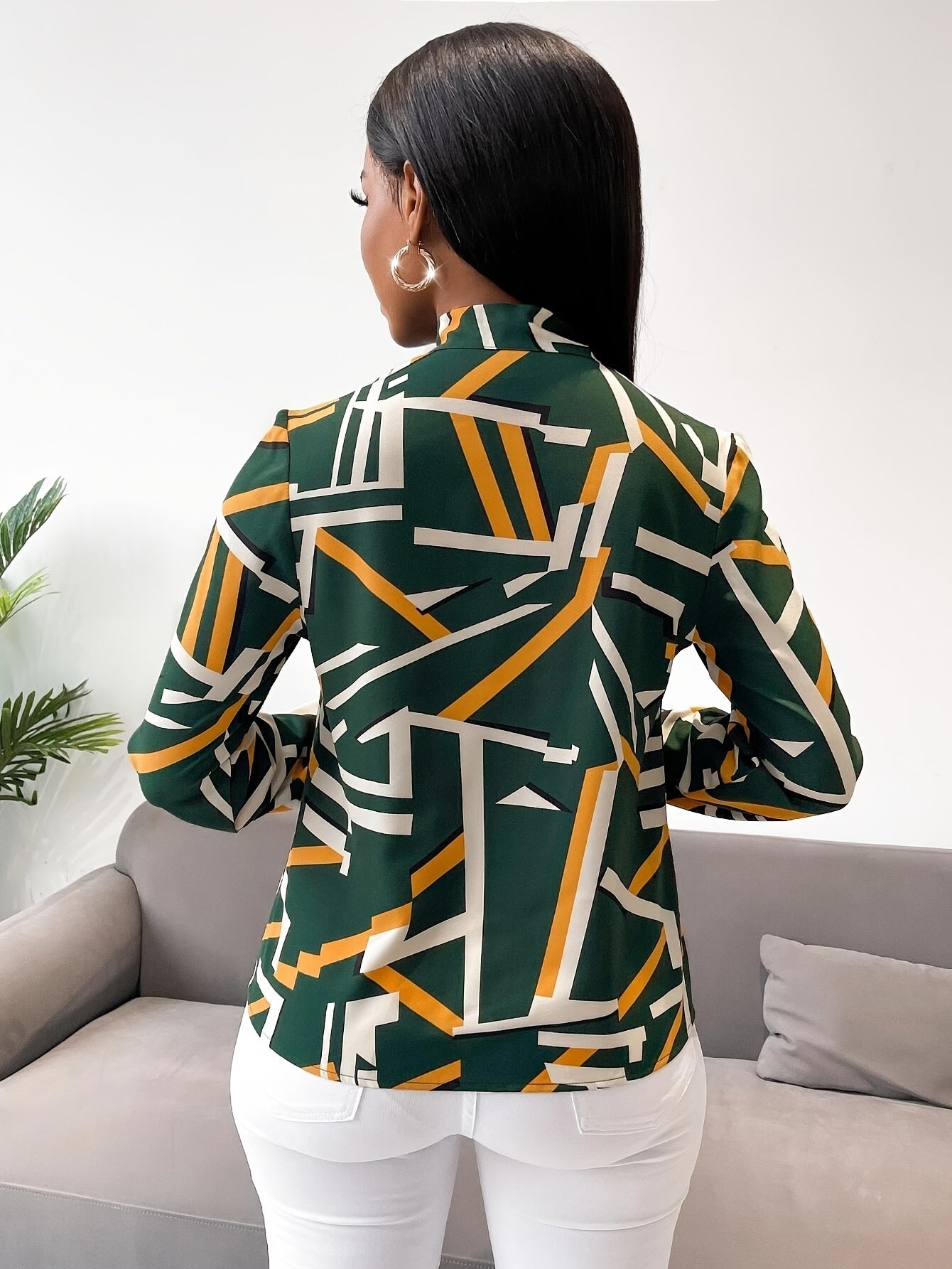 Geo Print Tie Neck Blouse, Elegant Long Sleeve Blouse For Spring & Fall, Women's Clothing